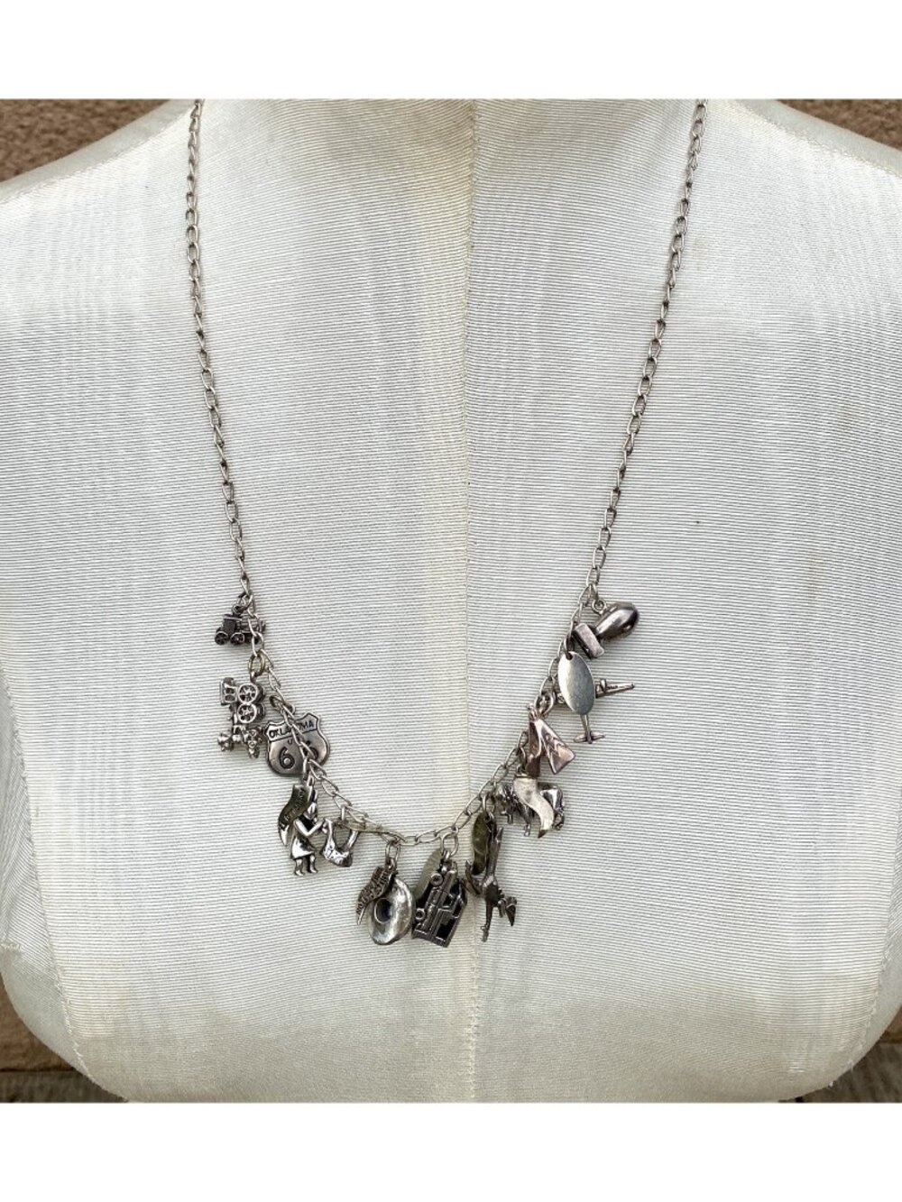 Vintage F. Ropes Sterling Long Chain Multiple Charm Necklace Travel Americana